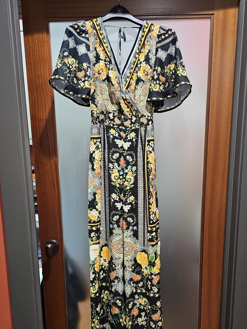 Aratta Black Floral V-Neck Wide-Leg Jumpsuit with Yellow Accents